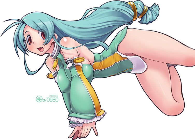 kei jiei, far-c, original, 1girl, aqua hair, breasts, detached sleeves, earrings, female focus, jewelry, large breasts, long hair, no panties, red eyes, sideboob, simple background, solo, white background