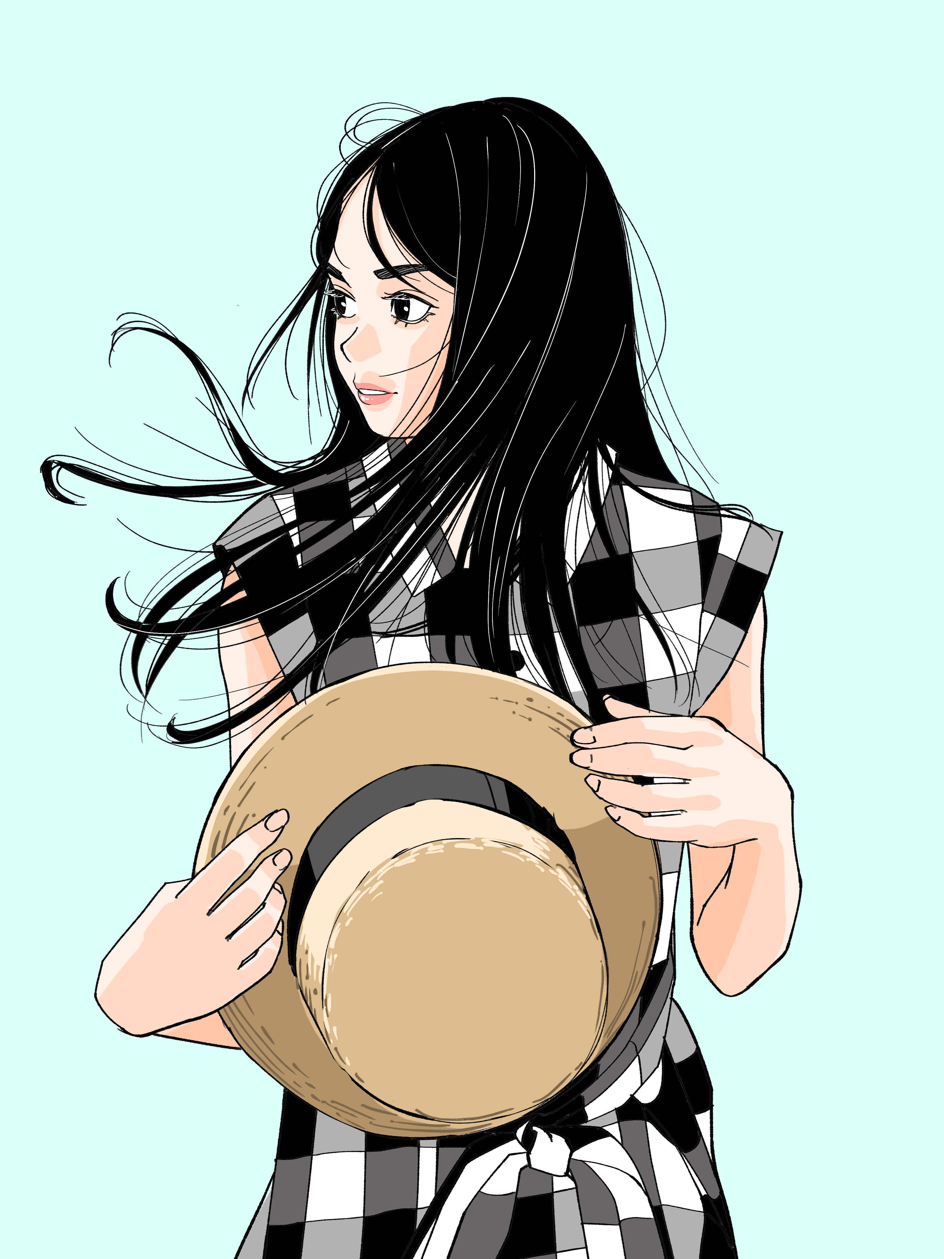 sakamoto giulietta, original, absurdres, commentary request, highres, 1girl, bare arms, black eyes, black hair, boater hat, brown hat, collared dress, cowboy shot, dress, fingernails, floating hair, gingham, gingham dress, green background, hat, holding, holding unworn clothes, holding unworn hat, long hair, looking to the side, parted bangs, parted lips, simple background, sleeveless, sleeveless dress, solo, standing, turning head, unworn hat, unworn headwear