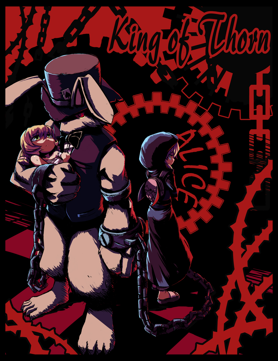 takahero, alice (ibara no ou), white rabbit (alice in wonderland), ibara no ou, highres, 00s, 2girls, aged down, backpack, bag, blonde hair, bow, bowtie, card, carrying, chain, copyright name, cuffs, dual persona, gears, hat, hood, looking back, multiple girls, princess carry, rabbit, randoseru, red eyes, sarashi, shackles, short hair, size difference, top hat, vest, yellow eyes