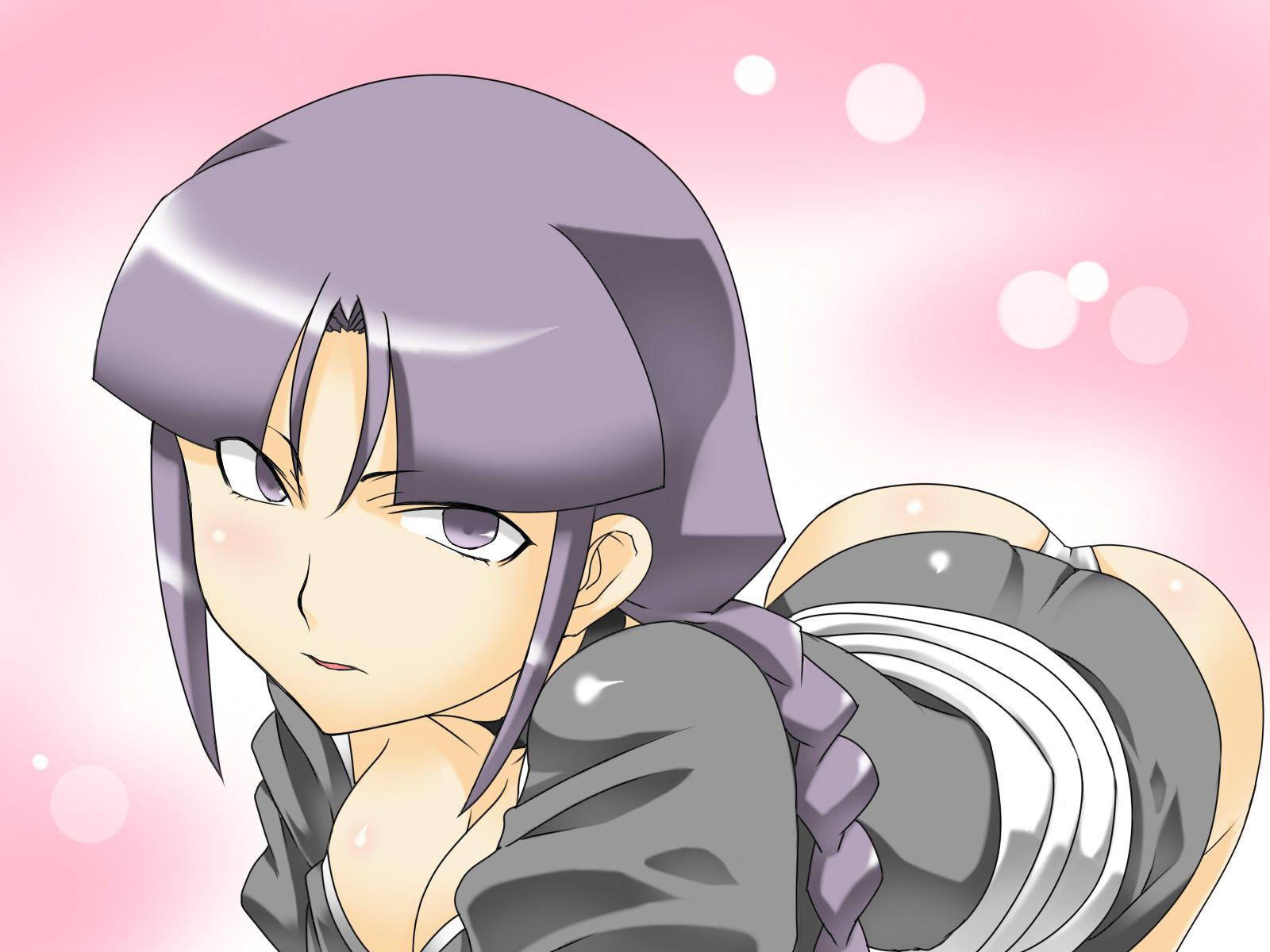 tukiwani, kurotsuchi nemu, bleach, highres, 00s, 1girl, all fours, ass, bent over, braid, breasts, cleavage, female focus, gradient background, large breasts, long hair, panties, purple eyes, purple hair, single braid, solo, underwear, white panties