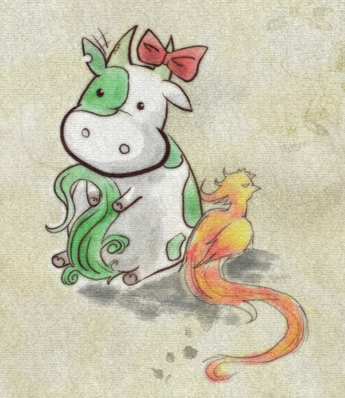 auer, ex-keine, fujiwara no mokou, fujiwara no mokou (phoenix), kamishirasawa keine, kamishirasawa keine (hakutaku), touhou, bad id, bad pixiv id, animal, animalization, bird, cow, female focus, horns, no humans, parody, phoenix, ribbon, tail