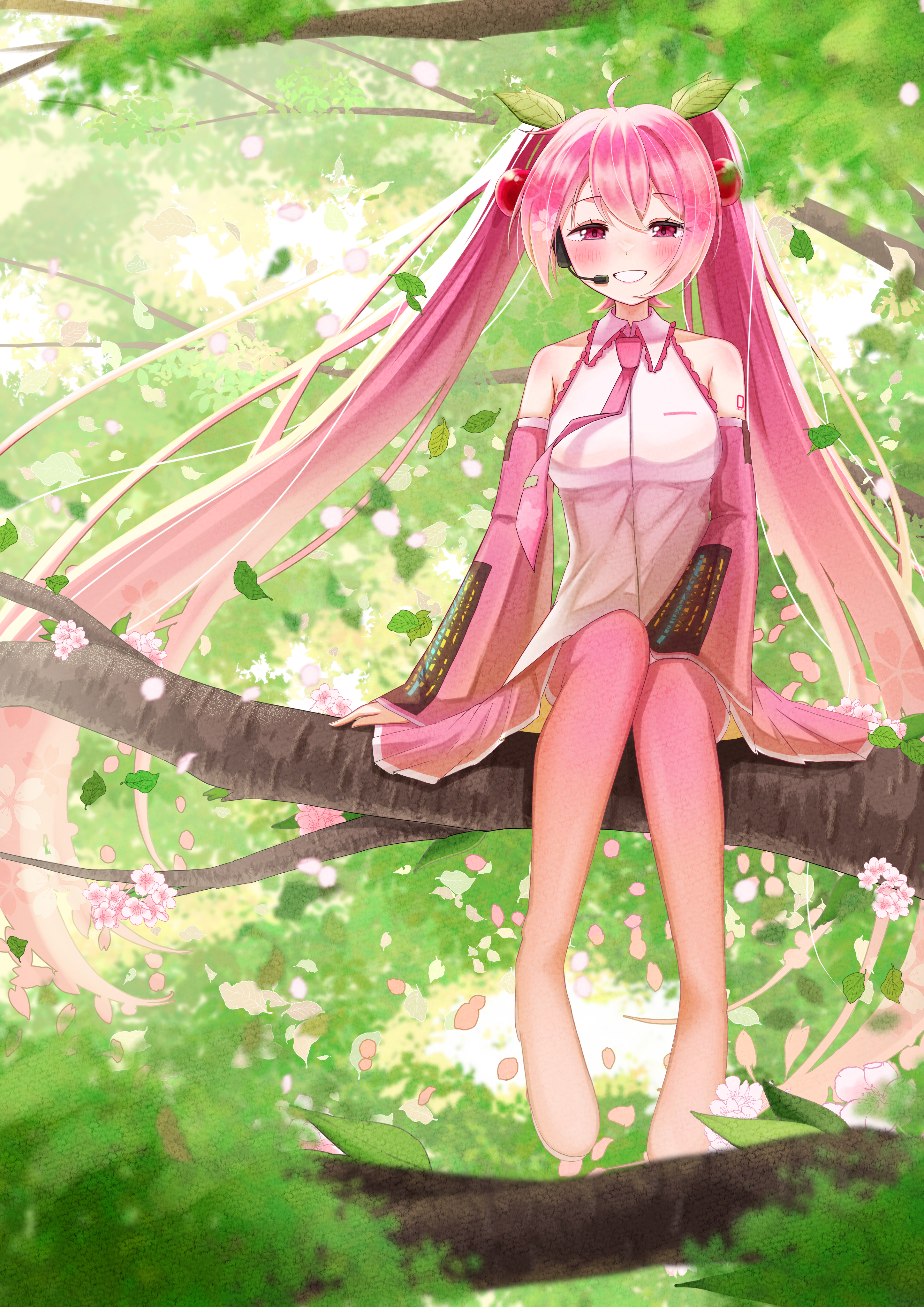 tama sera279, hatsune miku, sakura miku, vocaloid, absurdres, highres, 1girl, ahoge, arm tattoo, blush, boots, breasts, collarbone, collared shirt, detached sleeves, falling petals, hair ornament, long hair, long sleeves, looking at viewer, medium breasts, necktie, number tattoo, petals, pink eyes, pink hair, pink necktie, pink trim, scenery, shirt, sitting, sitting on branch, sleeveless, sleeveless shirt, smile, solo, tattoo, teeth, thigh boots, tree, twintails, very long hair, white shirt, wide sleeves