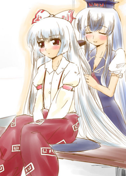 isaken, fujiwara no mokou, kamishirasawa keine, touhou, 2girls, albino, blue hair, blush, brushing hair, female focus, hat, multiple girls, red eyes, ribbon, smile, suspenders, white hair