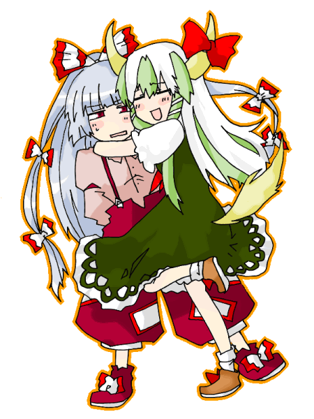 dealca, ex-keine, fujiwara no mokou, kamishirasawa keine, touhou, 2girls, blue hair, blush, dress, female focus, green hair, happy, horns, hug, multiple girls, orange outline, outline, ribbon, tail