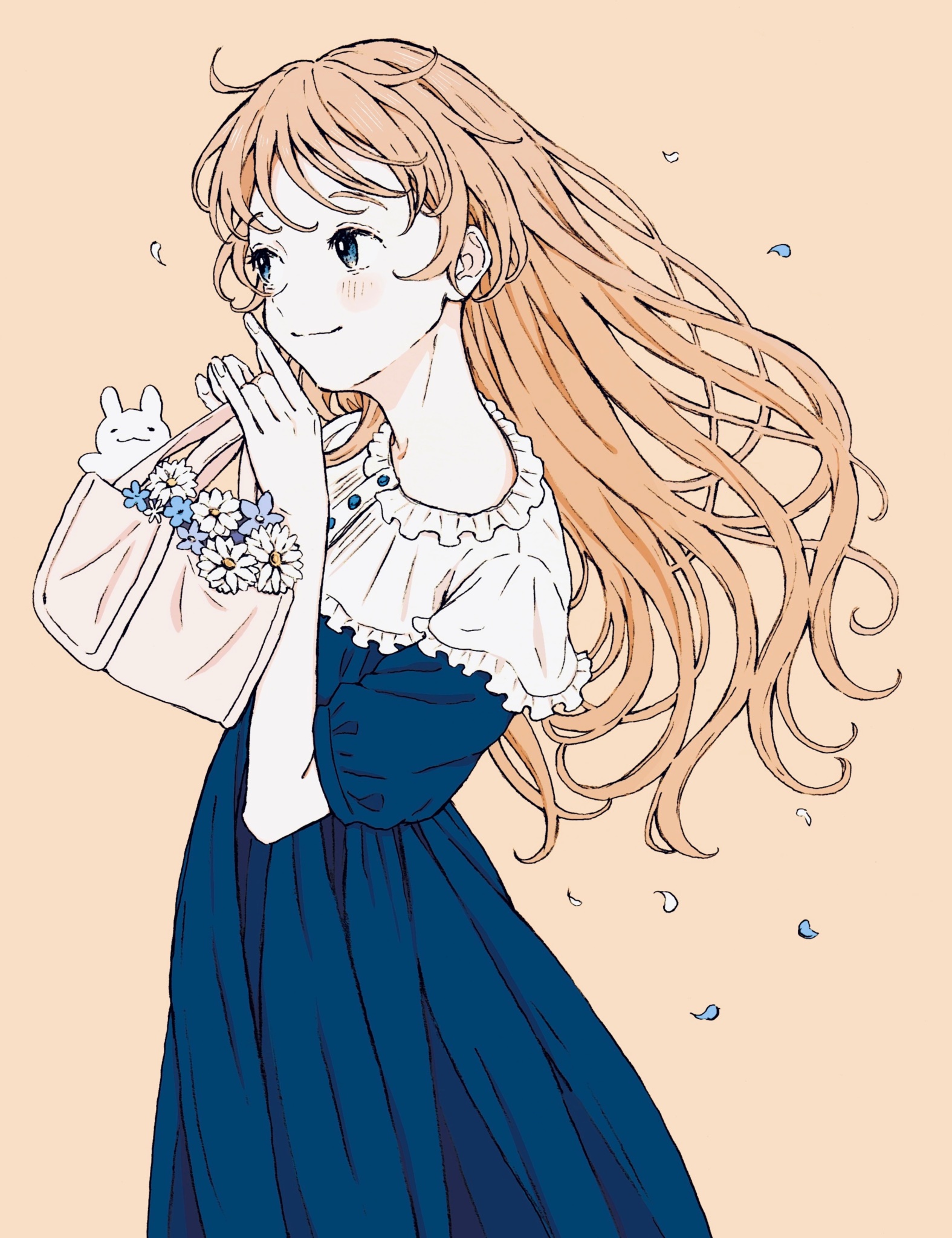 usakonbu22, original, commentary request, flower request, highres, 1girl, bag, blue dress, blue eyes, blue flower, blush, closed mouth, cowboy shot, dress, falling petals, fingernails, floating hair, flower, frilled dress, frills, hands up, head tilt, holding, holding bag, long hair, looking to the side, orange background, orange hair, petals, raised eyebrows, short sleeves, sideways glance, simple background, smile, solo, split mouth, standing, two-tone dress, very long hair, white bag, white dress, white flower
