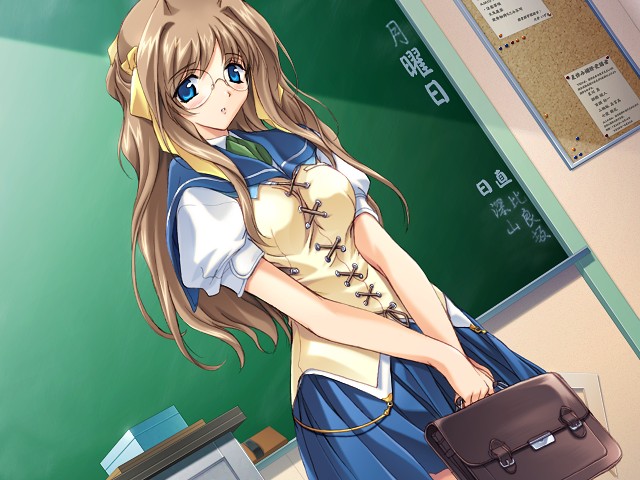 onigirikun, kouenji sayuka, choukou (alicesoft), choukou tenshi escalayer, game cg, 00s, 1girl, bag, blue eyes, blush, brown hair, female focus, glasses, long hair, satchel, school uniform, serafuku, solo