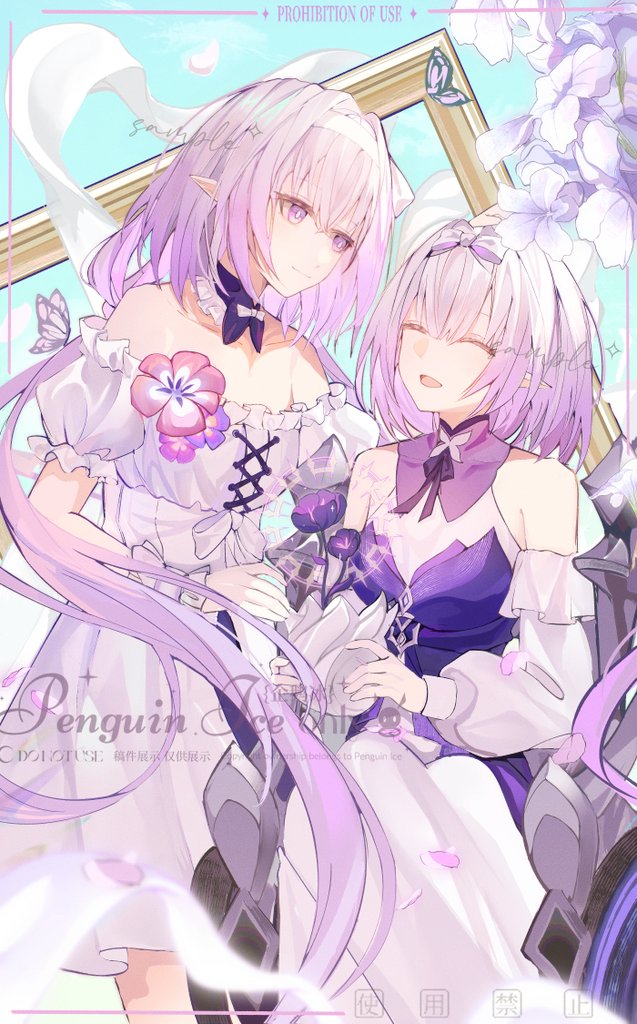 castorice (honkai: star rail), castorice (the flower remembers) (honkai: star rail), polyxia (honkai: star rail), polyxia (the flower remembers) (honkai: star rail), honkai: star rail, honkai (series), 2girls, animal print, bare shoulders, bow, bug, butterfly, butterfly print, closed eyes, collar, detached sleeves, dress, floral print, flower, frills, hairband, insect, long hair, medium hair, multiple girls, nanzhi, picture frame, pointy ears, purple bow, purple collar, purple eyes, purple flower, purple hair, siblings, sisters, smile, vase, very long hair, watermark, white bow, white dress, white hairband