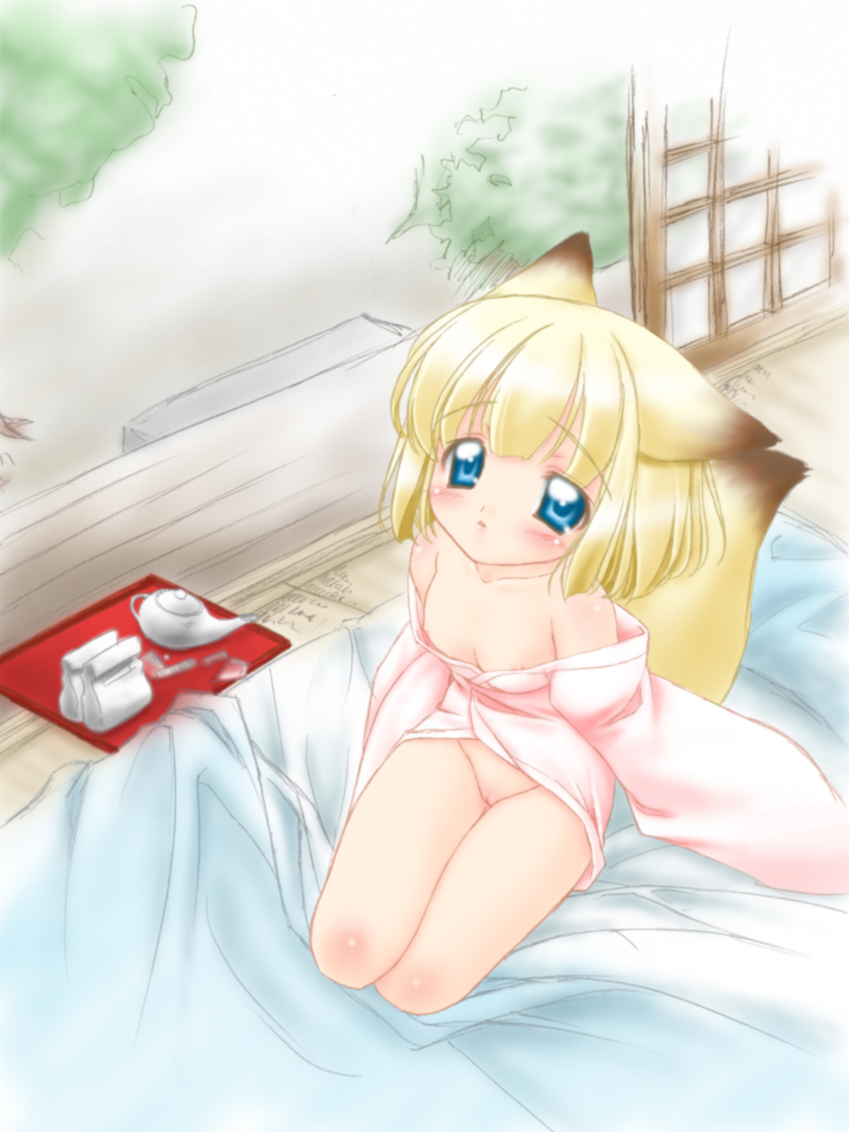 nakajima konta, koyuki (snow fox), snow fox, highres, 1girl, animal ears, blonde hair, blue eyes, blush, cleft of venus, female focus, flat chest, fox ears, fox tail, loli, nipple slip, nipples, no bra, no panties, pussy, solo, tail