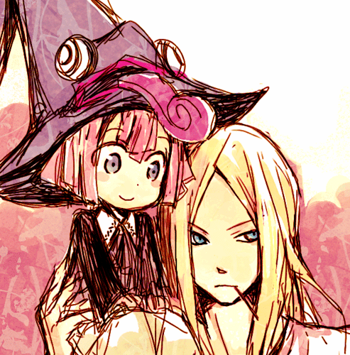 yamasato, angela (soul eater), angela leon, mifune (soul eater), soul eater, bad id, bad pixiv id, lowres, 00s, blonde hair, blue eyes, blush, child, hat, pink hair, purple eyes, short hair, smile, witch, witch hat