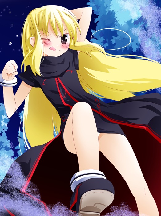 noto (soranoto), original, 1girl, ;q, arm up, black dress, bottomless, bracelet, convenient censoring, convenient leg, dress, female focus, groin, jewelry, long hair, looking at viewer, one eye closed, red eyes, shoes, solo, tongue, tongue out, very long hair, wink