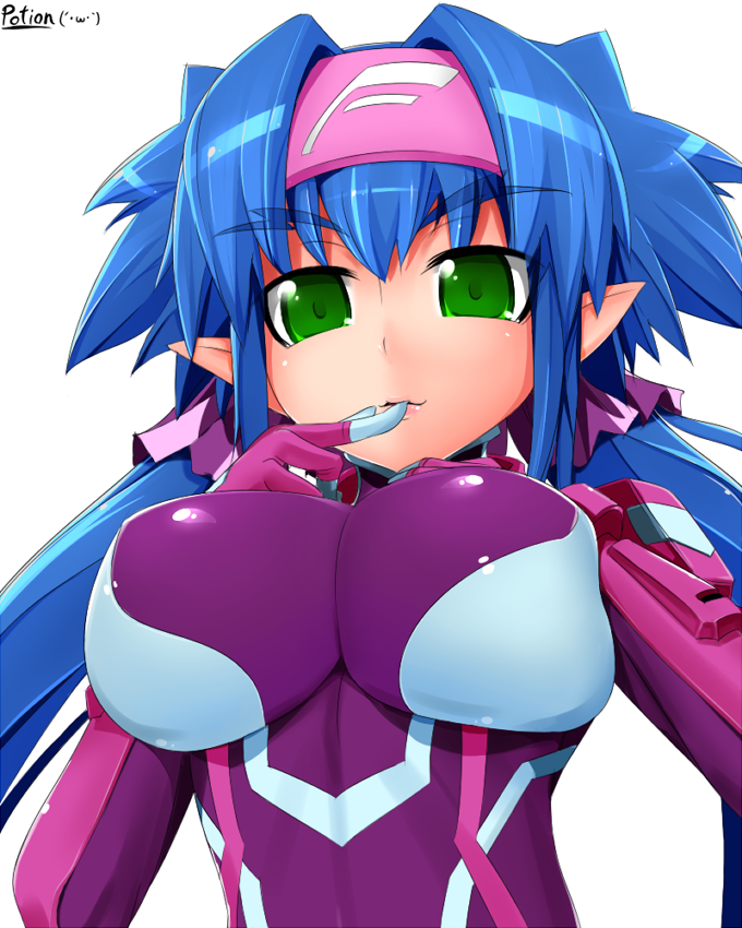 potion (moudamepo), klan klein, macross, macross frontier, 00s, 1girl, aged up, blue hair, bodysuit, breasts, breasts squeezed together, female focus, finger to mouth, green eyes, headband, large breasts, long hair, pointy ears, purple bodysuit, skin tight, solo, twintails, very long hair