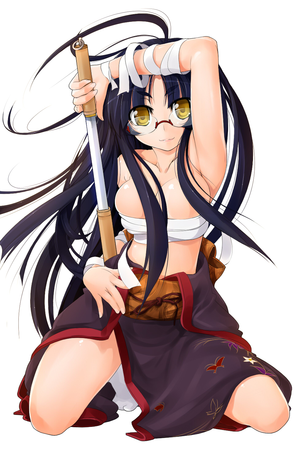 potion (moudamepo), highres, armpits, blue hair, glasses, katana, kneeling, lips, long hair, midriff, navel, sarashi, sheath, shirasaya, smile, solo, sword, unsheathing, weapon, yellow eyes