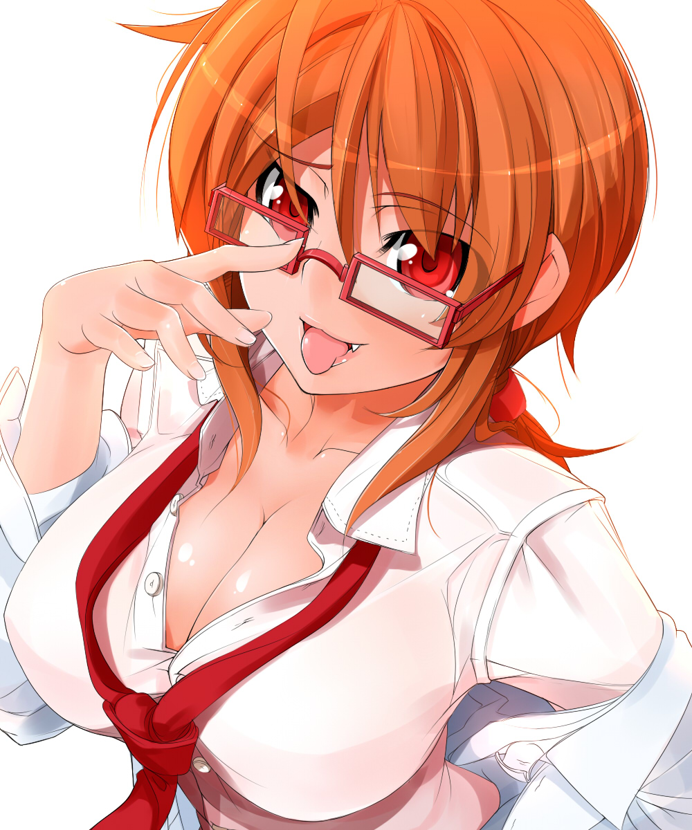 potion (moudamepo), character request, duplicate, highres, source request, 1girl, :p, adjusting eyewear, breasts, cleavage, dress shirt, fang, female focus, fingernails, glasses, huge breasts, large breasts, long hair, looking at viewer, low ponytail, naughty face, necktie, no bra, off shoulder, orange hair, ponytail, red eyes, red necktie, shirt, solo, tongue, tongue out, unbuttoned, upper body