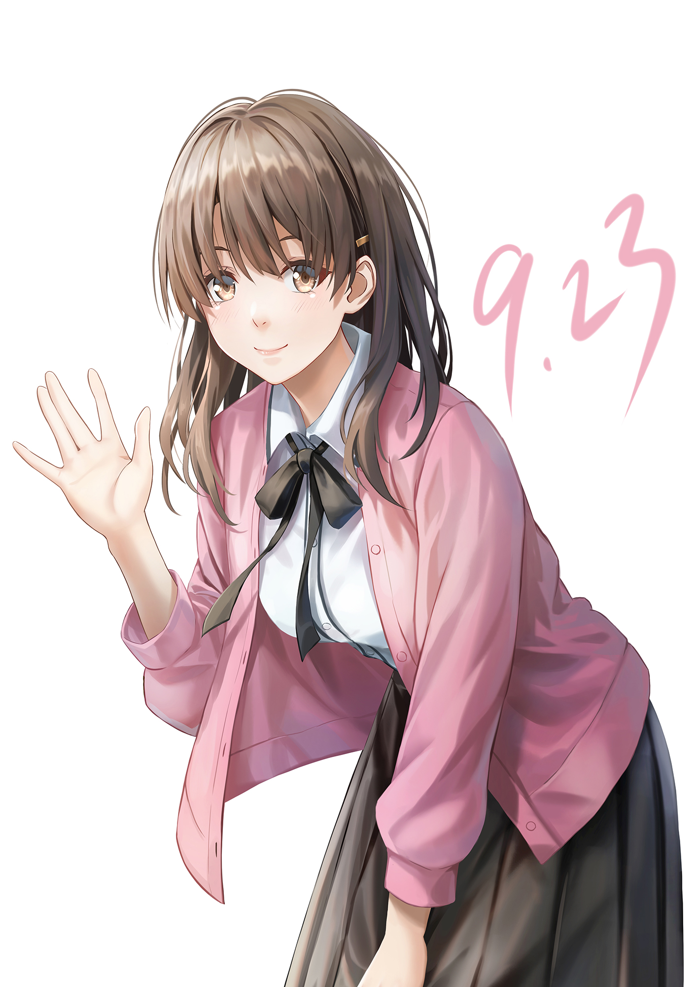 redpoke, katou megumi, saenai heroine no sodatekata, commentary, english commentary, highres, 1girl, black skirt, brown eyes, brown hair, cardigan, closed mouth, collared shirt, dated, hair ornament, hairclip, leaning forward, long hair, looking at viewer, pink cardigan, shirt, sidelocks, simple background, skirt, smile, solo, waving, white background, white shirt
