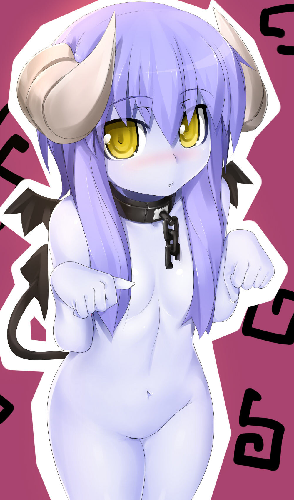 potion (moudamepo), astaroth (shinrabanshou), lilin (grune), original, shinrabanshou, highres, 1girl, bat wings, blue hair, blue skin, blush, censored, chain, choker, collar, colored skin, convenient censoring, demon girl, female focus, fingernails, flat chest, hair censor, hair over breasts, horns, loli, long hair, looking at viewer, navel, no pussy, nude, paw pose, solo, tail, wings, yellow eyes
