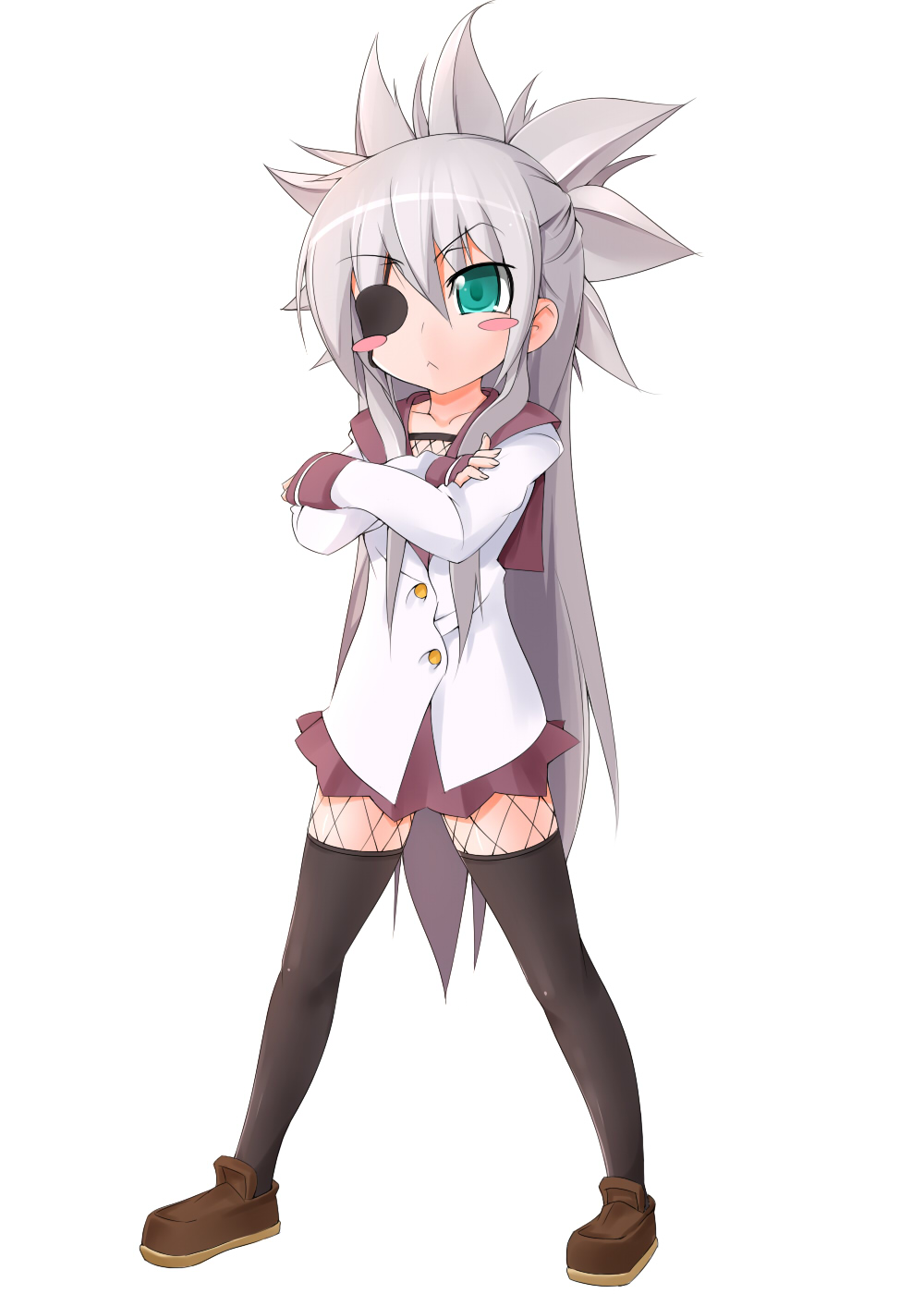 potion (moudamepo), silver hair, highres, eyepatch, green eyes, long hair, short hair, solo, thighhighs