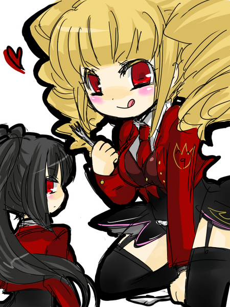 beelzebub (umineko), belphegor (umineko), stakes of purgatory, umineko no naku koro ni, 00s, :p, black hair, blush, drill, drill hair, fork, heart, knife, mary janes, necktie, ponytail, red eyes, shoes, tongue, tongue out