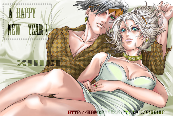 chitose (love strip), chitose (love☆strip), kishibe rohan, sugimoto reimi, jojo no kimyou na bouken, 1boy, 1girl, black hair, blue eyes, breasts, choker, cleavage, couple, earrings, ghost, green eyes, hairband, headband, hetero, jewelry, ring, v-neck, white hair