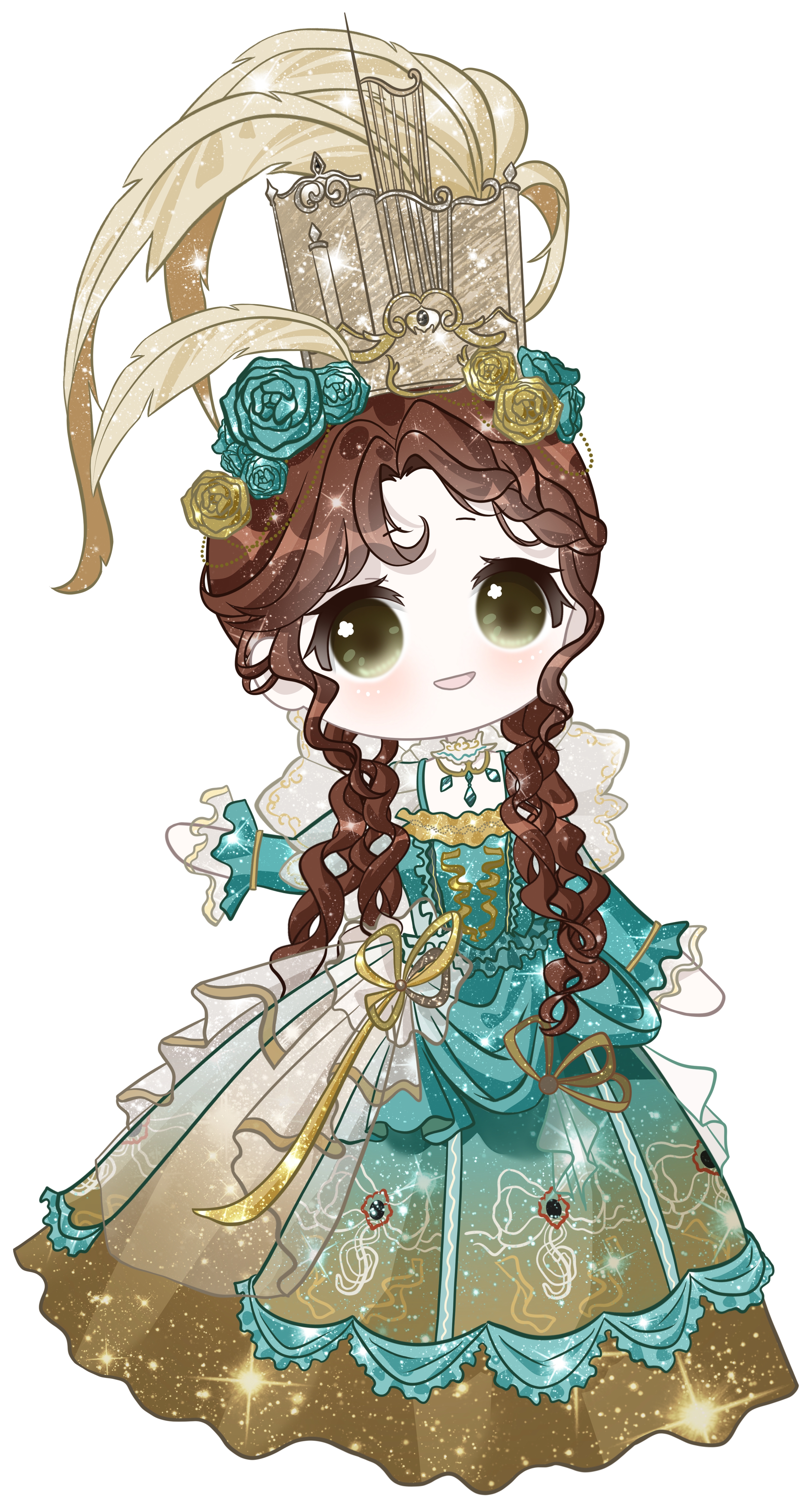 zhizhizhizhizhizong, infinity nikki, nikki (series), absurdres, highres, 1girl, blue dress, blue flower, blue rose, braid, brown hair, brown hat, chibi, choker, dress, echoed dreams (infinity nikki), eyelashes, flower, flower in eye, frilled choker, frilled dress, frilled sleeves, frills, gown, gradient clothes, gradient dress, green eyes, hair flower, hair ornament, hair over shoulder, happy, hat, hat feather, jewelry, light particles, long hair, long sleeves, looking at viewer, musical note, musical note print, necklace, print dress, rose, simple background, single braid, sleeves past wrists, solo, sparkle, square neckline, standing, symbol in eye, tareme, treble clef, two-tone dress, very long hair, victorian, wavy hair, white background, white choker, yellow dress, yellow flower, yellow rose