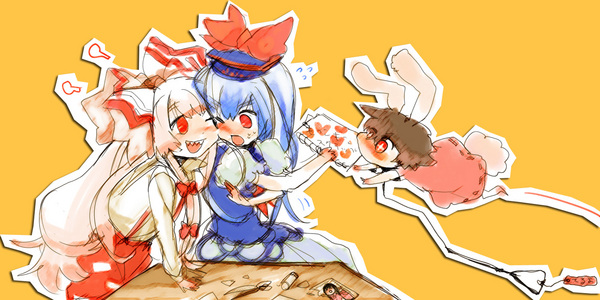 ruto (petatann), fujiwara no mokou, houraisan kaguya, inaba tewi, kamishirasawa keine, touhou, bad id, bad pixiv id, 3girls, animal ears, black hair, blue hair, blush, chibi, fangs, female focus, hat, heart, long hair, multiple girls, paper, photo (object), rabbit ears, red eyes, ribbon, short hair, simple background, sitting, tail, white hair