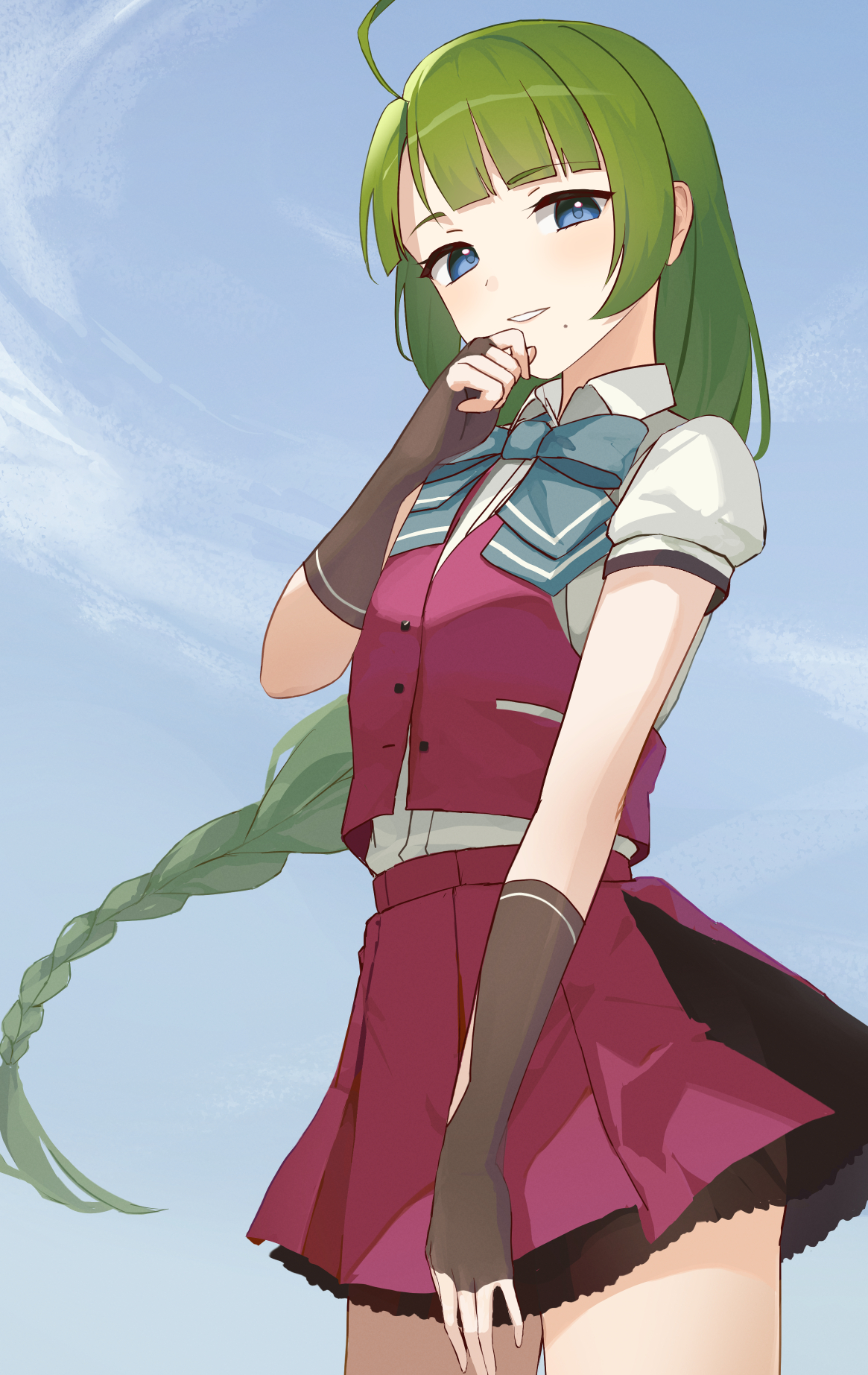 yuu+, yuugumo (kancolle), yuugumo kai ni (kancolle), kantai collection, highres, 1girl, ahoge, aqua bow, aqua bowtie, blue eyes, blue sky, blunt bangs, bow, bowtie, braid, brown gloves, cloud, collared shirt, dress shirt, fingerless gloves, gloves, green hair, mole, mole under mouth, purple skirt, purple vest, shirt, single braid, skirt, sky, smile, solo, summer uniform, vest, white shirt