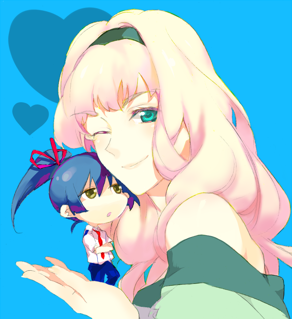 kazuko, saotome alto, sheryl nome, macross, macross frontier, bad id, bad pixiv id, 00s, 1boy, 1girl, aqua eyes, blonde hair, blue eyes, blue hair, hairband, headband, pink hair, ponytail, school uniform, smile, wink, yellow eyes