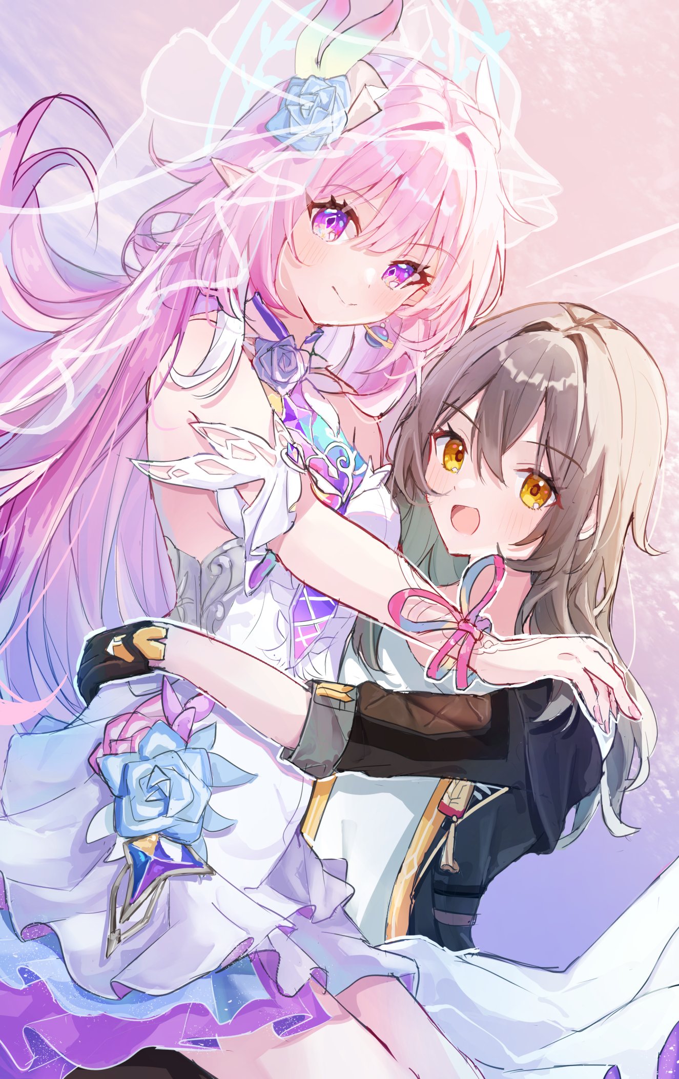 yuuna (vhux2273), cyrene (honkai: star rail), cyrene (ripples of past reverie) (honkai: star rail), stelle (honkai: star rail), trailblazer (honkai: star rail), honkai: star rail, honkai (series), commentary request, highres, 2girls, bare shoulders, black coat, black gloves, breasts, bridal veil, coat, diamond-shaped pupils, diamond (shape), dress, gloves, grey hair, hug, long hair, medium breasts, medium hair, multiple girls, open mouth, pink hair, purple eyes, shirt, smile, symbol-shaped pupils, thighs, veil, very long hair, white dress, white shirt, yellow eyes