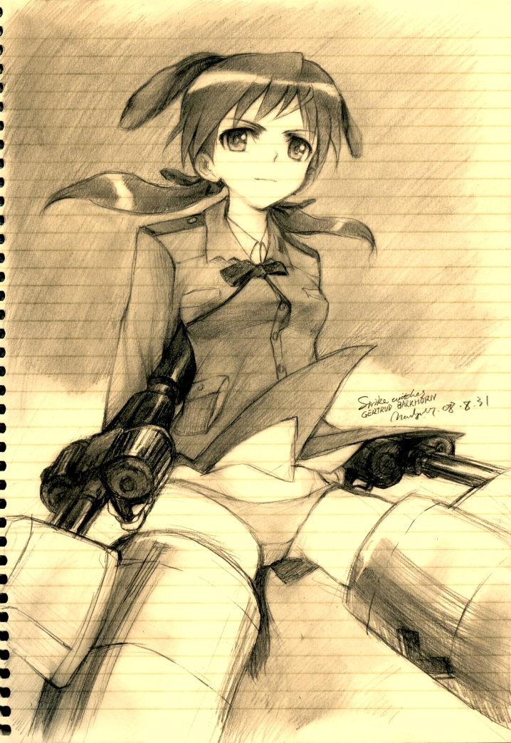 kisetsu, gertrud barkhorn, strike witches, world witches series, bad id, bad pixiv id, traditional media, 00s, 1girl, animal ears, double-drum magazine, drum magazine, female focus, gun, high-capacity magazine, machine gun, magazine (weapon), mg42, monochrome, panties, saddle-drum, sketch, solo, striker unit, underwear, weapon, yellow theme