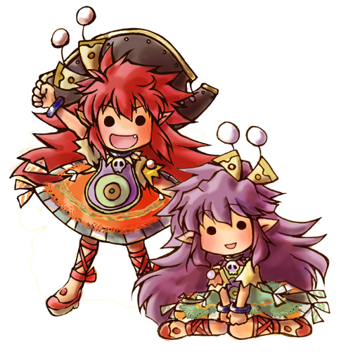 march (trusty bell), salsa, salsa (trusty bell), trusty bell, lowres, 2girls, :d, child, dress, fang, hat, long hair, multiple girls, open mouth, pink hair, pointy ears, purple hair, siblings, sisters, smile