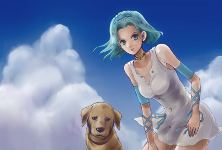 arnold (jojo), sugimoto reimi, jojo no kimyou na bouken, lowres, aqua eyes, aqua hair, blue eyes, blue hair, cloud, day, dog, ghost, hairband, sky, solo