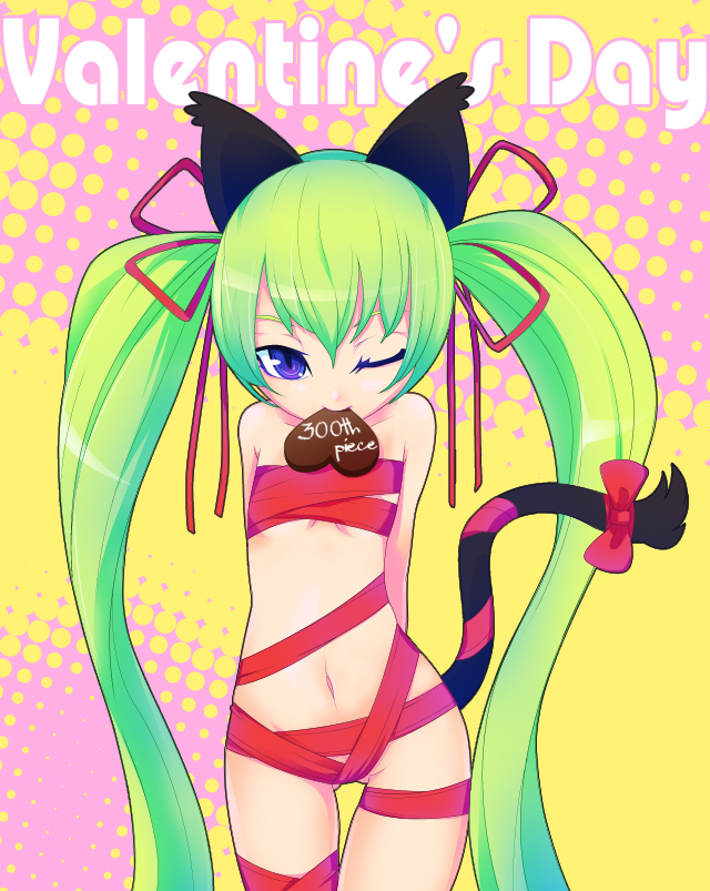 potion (moudamepo), 1girl, animal ears, bdsm, blue eyes, bondage, bound, cat ears, cat tail, female focus, flat chest, green hair, hip focus, loli, long hair, naked ribbon, navel, one eye closed, ribbon, ribbon bondage, solo, tail, thigh gap, thighs, twintails, valentine, wide hips, wink