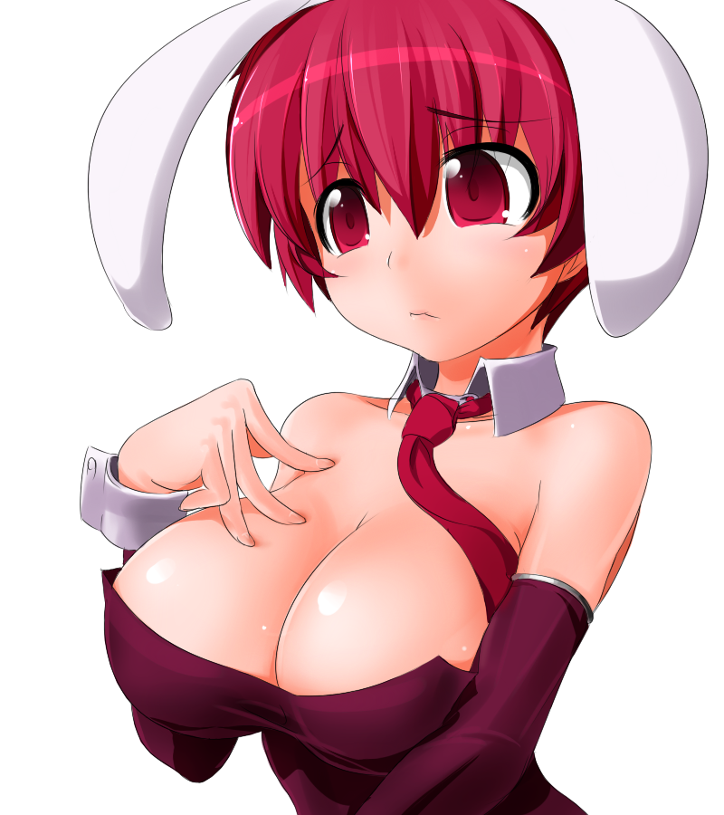 potion (moudamepo), 1girl, animal ears, breasts, cleavage, cuffs, detached sleeves, female focus, large breasts, necktie, rabbit ears, red eyes, red hair, short hair, sleeve cuffs, solo, upper body