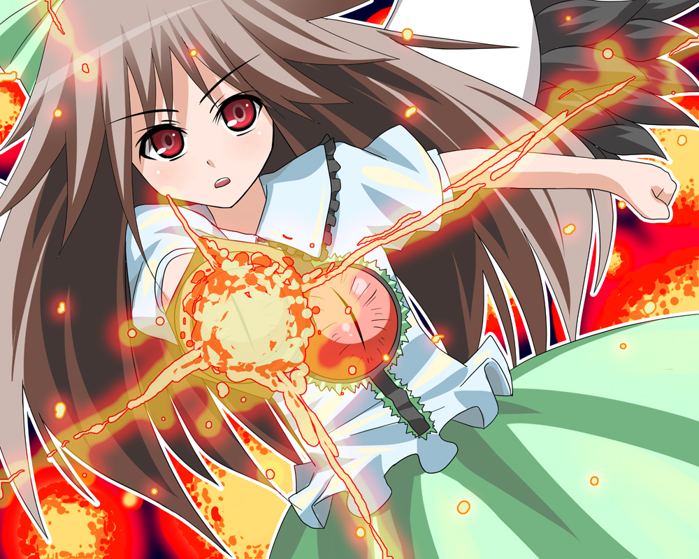 rick.black, reiuji utsuho, touhou, 1girl, female focus, long hair, red eyes, skirt, solo