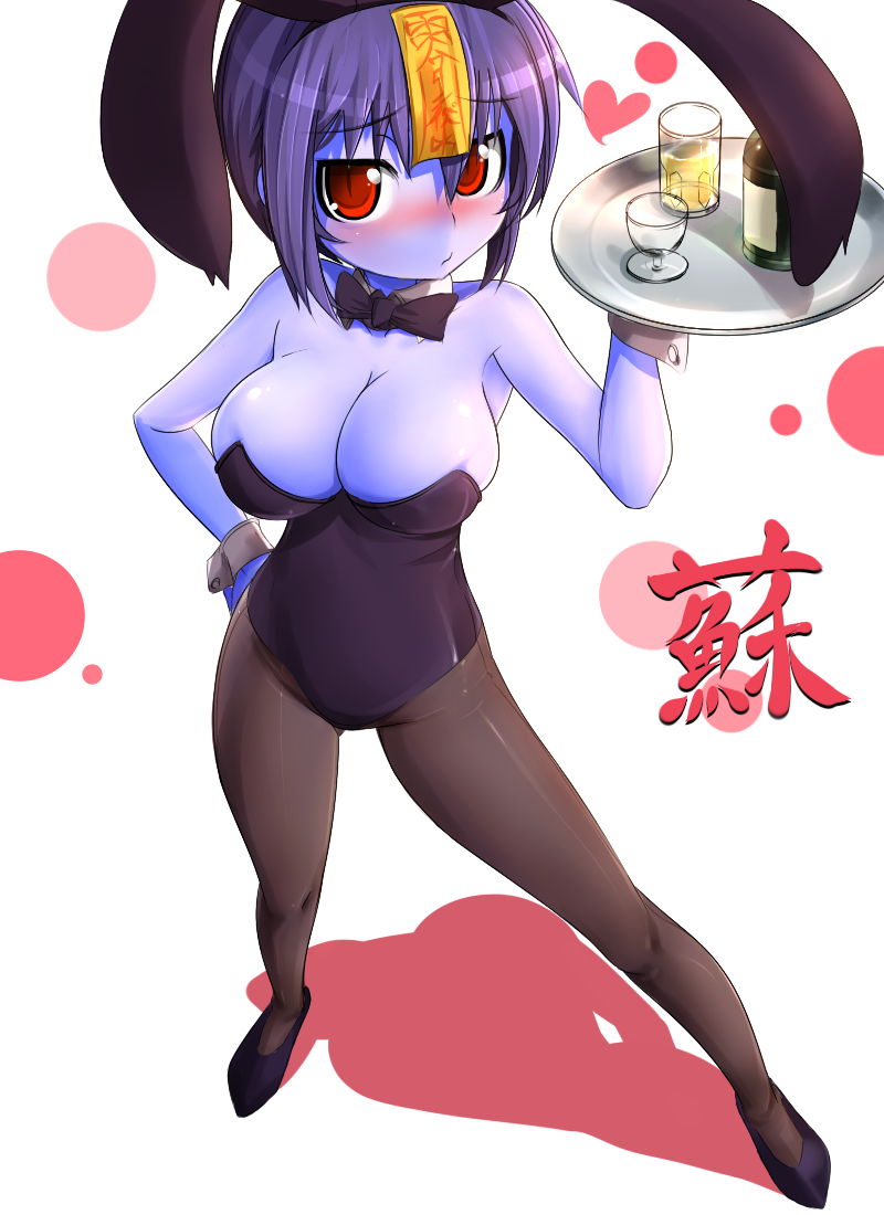 potion (moudamepo), hsien-ko, capcom, darkstalkers, original, 1girl, animal ears, blue hair, blue skin, blush, breasts, cleavage, colored skin, cuffs, fake animal ears, female focus, jiangshi, large breasts, ofuda, pantyhose, playboy bunny, rabbit ears, red eyes, short hair, solo, tray, wrist cuffs