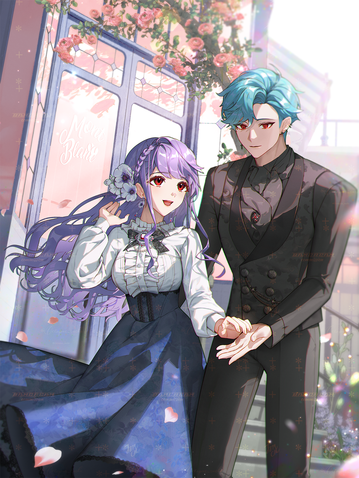 bamcream, original, commentary, commission, english commentary, highres, 1boy, 1girl, :d, black bow, black bowtie, black jacket, black pants, blue hair, blue skirt, bow, bowtie, center frills, closed mouth, day, feet out of frame, frills, jacket, long hair, long sleeves, open mouth, outdoors, pants, purple hair, red eyes, shirt, short hair, skirt, smile, standing, white shirt
