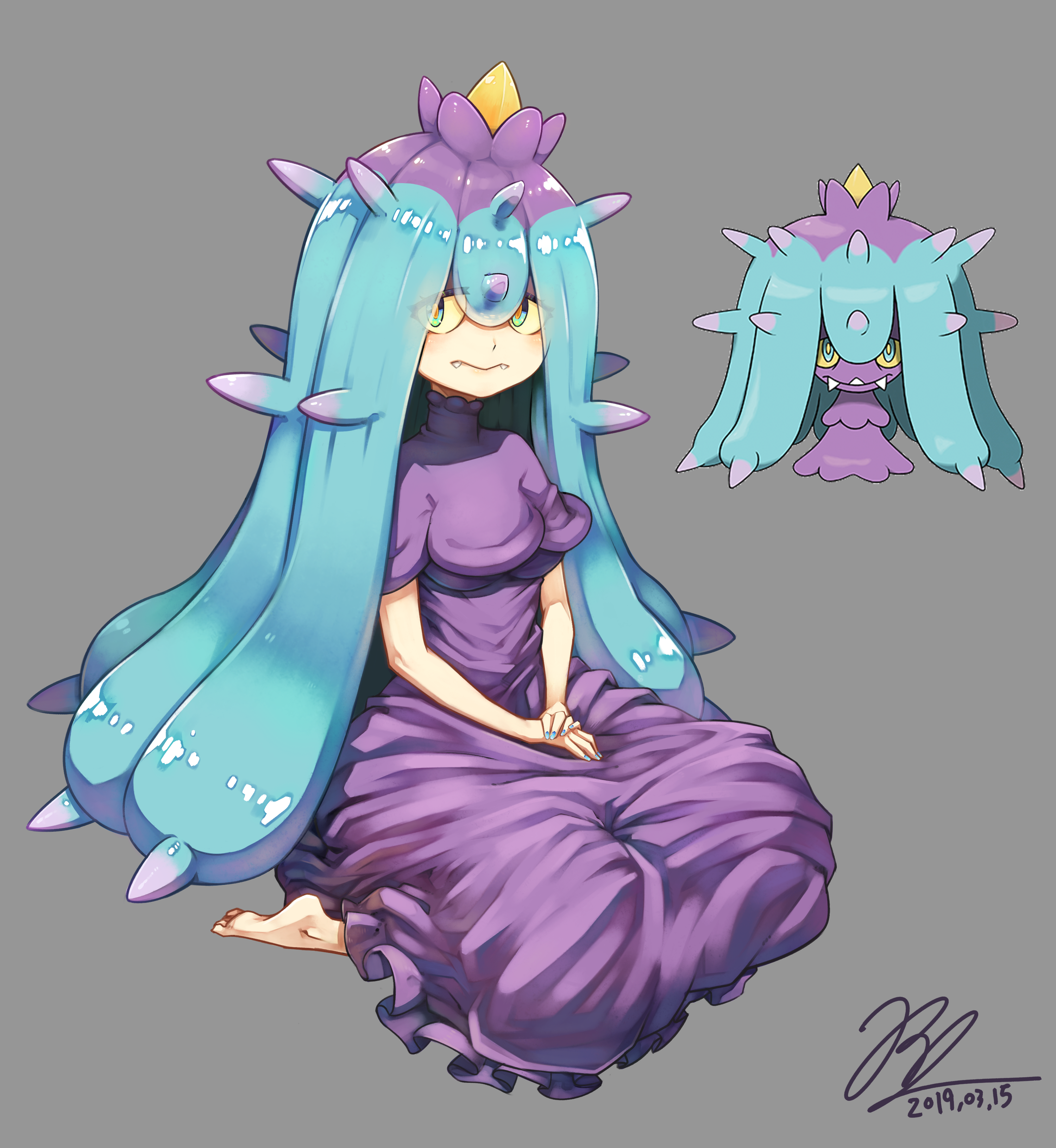 redshark7839, mareanie, nintendo, pokemon, absurdres, commentary request, highres, mixed-language commentary, partial commentary, 2019, 2girls, aqua eyes, aqua hair, aqua nails, barefoot, blush, colored sclera, colored skin, dated, dress, eyes visible through hair, fangs, frilled dress, frills, gen 7 pokemon, grey background, hair between eyes, hands on lap, horns, humanization, long hair, looking at viewer, multicolored hair, multiple girls, pokemon (creature), puffy short sleeves, puffy sleeves, purple dress, purple hair, purple skin, sanpaku, short sleeves, simple background, single horn, sitting, spiked hair, spikes, tentacle hair, wariza, yellow sclera