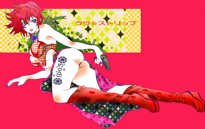 chitose (love strip), trish una, jojo no kimyou na bouken, vento aureo, 1girl, ass, boots, breasts, chitose (loveu2606strip), cleavage, eyeshadow, female focus, green eyes, gun, handgun, high heels, looking at viewer, looking back, lying, makeup, panties, pantyshot, red hair, revolver, ribbon, shoes, skirt, solo, underwear, upskirt, weapon