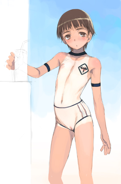 haimura kiyotaka, 1girl, censored, female focus, flat chest, loli, mosaic censoring, nipples, nude, one-piece tan, pussy, see-through clothes, solo, tan, tanline