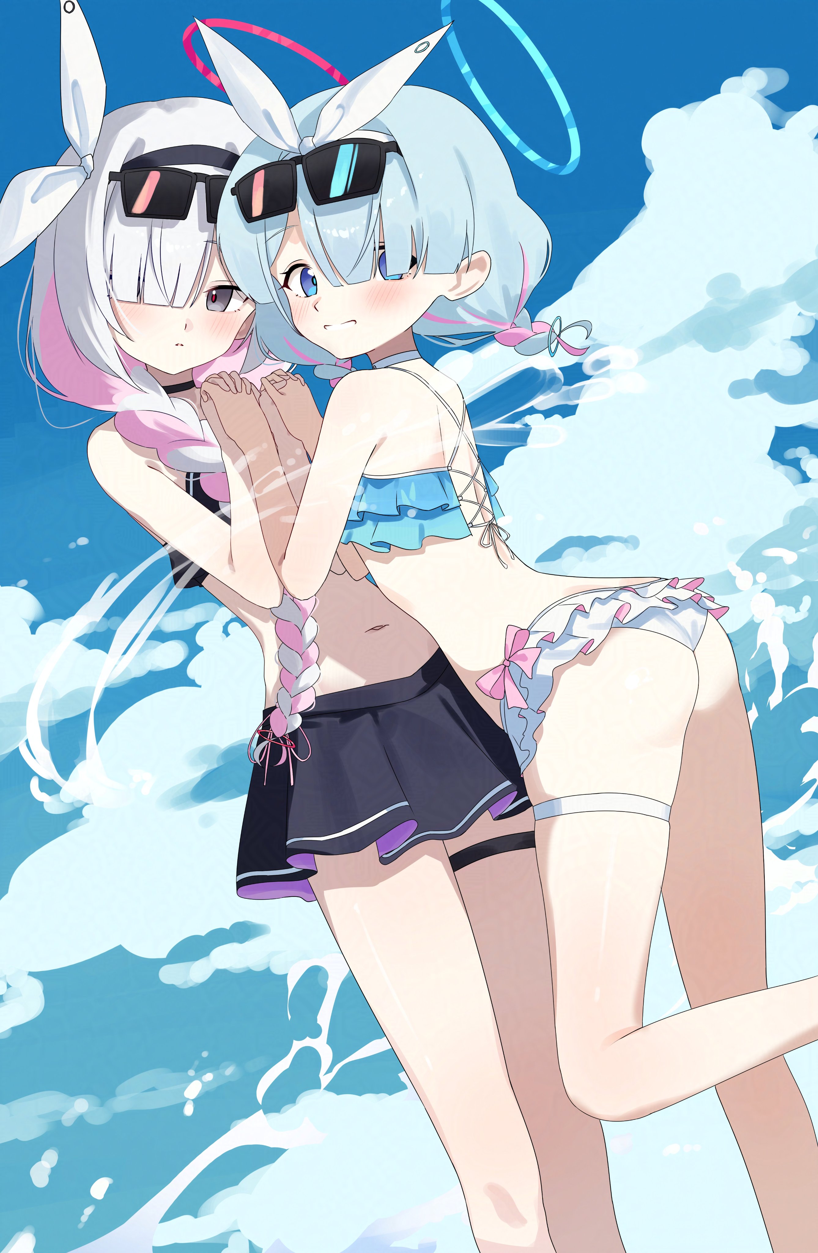 d (delt4), arona (blue archive), plana (blue archive), blue archive, absurdres, commentary, highres, 2girls, ass, bikini, black bikini, black eyes, black hairband, black panties, blue bikini, blue eyes, blue hair, blue halo, bow, bow hairband, braid, breasts, choker, cloud, eyewear on head, feet out of frame, frilled bikini, frilled panties, frills, glasses, grey hair, hair bow, hair over one eye, hair ribbon, hairband, halo, holding hands, long hair, looking at viewer, multiple girls, open mouth, panties, pink halo, red halo, ribbon, ruffle bikini, short hair, sky, small breasts, sunglasses, swimsuit, thigh strap, underwear, v, water drop, water gun, white bow, white choker, white hairband, white panties, white ribbon