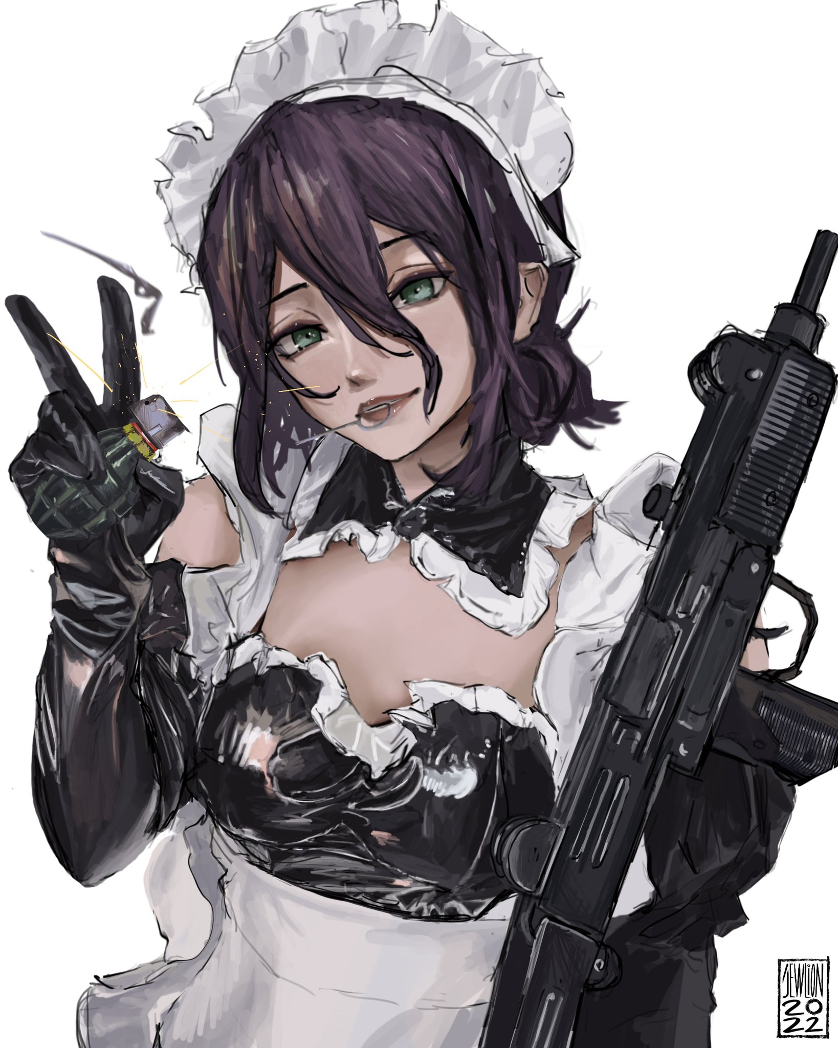taorotana, reze (chainsaw man), chainsaw man, commentary, english commentary, highres, 1girl, apron, collar, detached collar, dress, elbow gloves, explosive, frilled collar, frilled dress, frilled hairband, frills, gloves, green eyes, grenade, grenade pin in mouth, gun, hair between eyes, hair bun, hairband, holding, holding grenade, holding weapon, maid, maid apron, maid headdress, mk2 grenade, parted lips, purple hair, simple background, solo, submachine gun, uzi, v, weapon, white background
