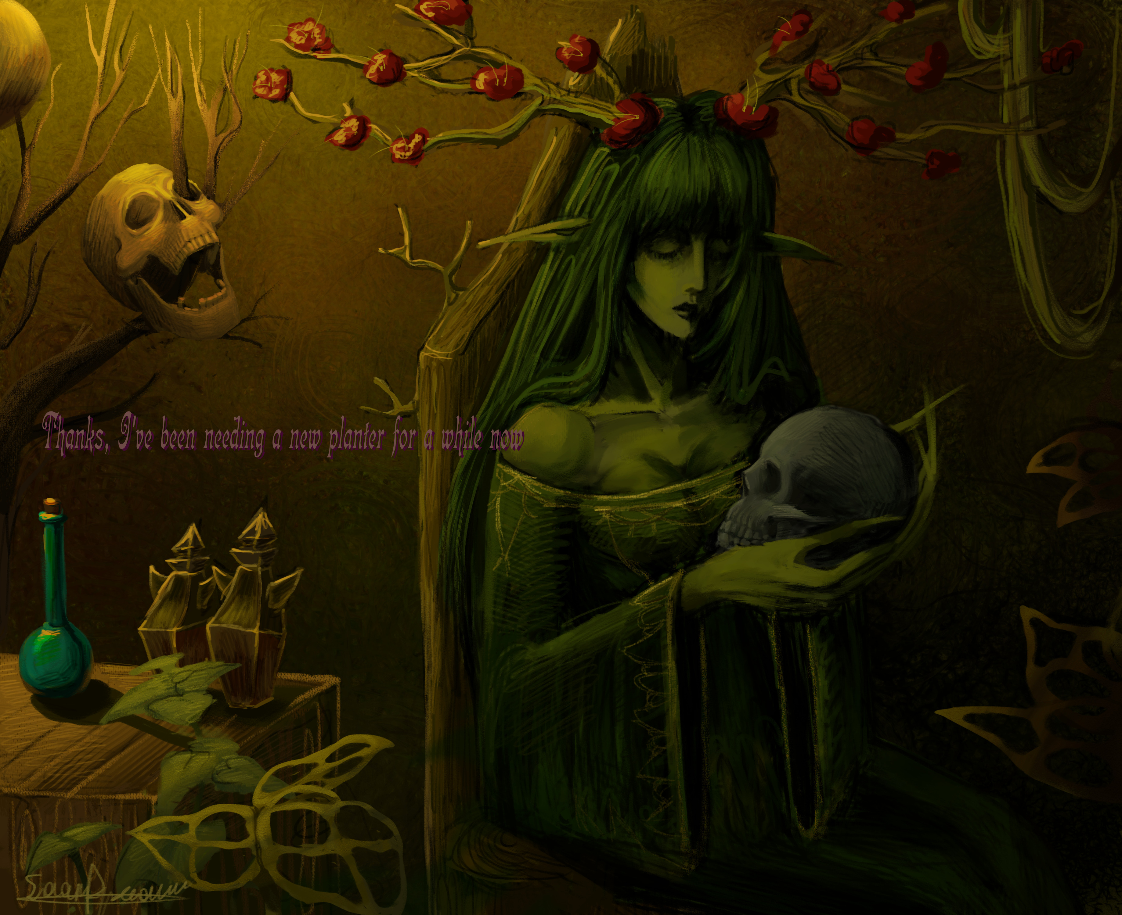 absurdres, commentary, english commentary, highres, 1girl, antlers, bare shoulders, bare tree, breasts, chair, closed eyes, closed mouth, collarbone, colored skin, deer antlers, dress, english text, feet out of frame, flower, green dress, green hair, green nails, green skin, holding, holding skull, horn flower, horns, indoors, lips, long hair, long pointy ears, lunacid, nose, on chair, patchouli (lunacid), pointy ears, red flower, saamdream777, signature, sitting, skull, small breasts, solo, tree, very long fingernails, wide sleeves