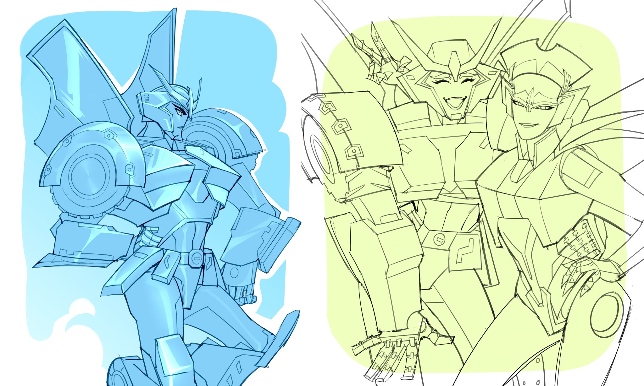 sir garrowman, strongarm (transformers), windblade, transformers, transformers: robots in disguise (2015), highres, 2girls, airplane wing, hand on own hip, humanoid robot, mechanical wings, multiple girls, robot, robot girl, science fiction, v-fin, wheel, wings