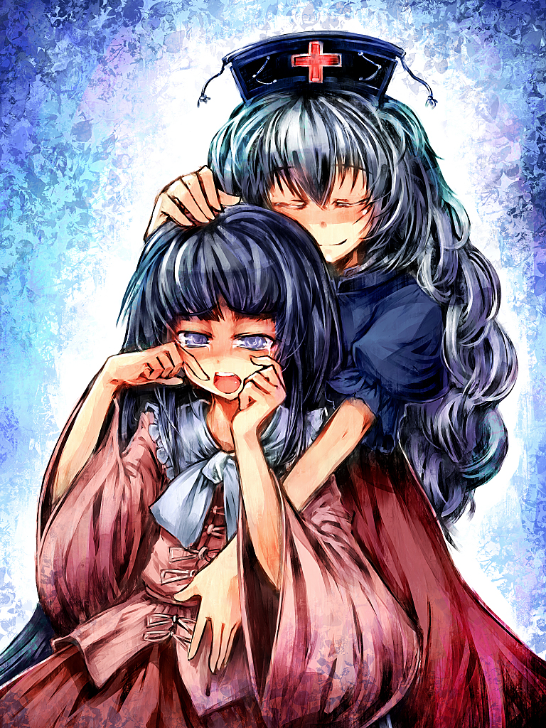 ukyo rst, houraisan kaguya, yagokoro eirin, touhou, 2girls, comforting, female focus, hand on another's head, hug, hug from behind, multiple girls, tears, ulyo rst
