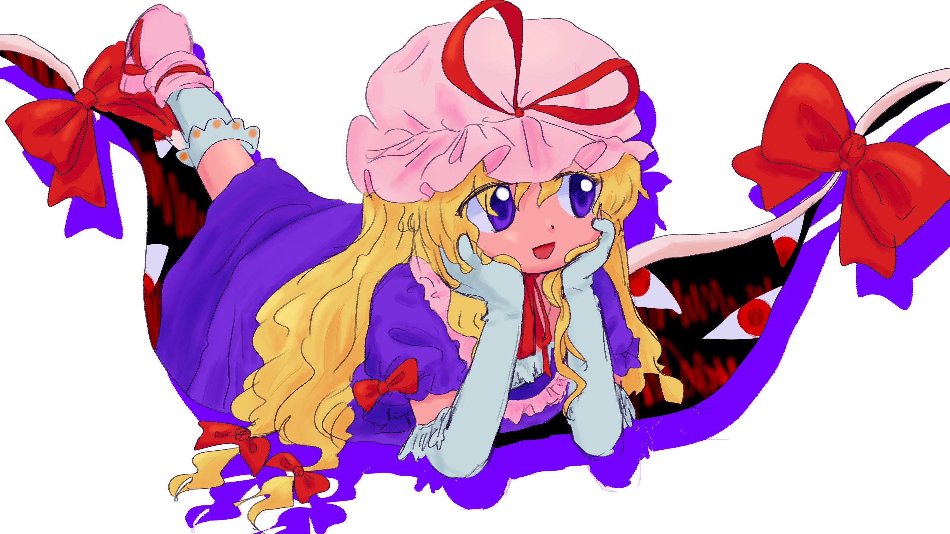 yakumo yukari, touhou, highres, 1girl, blonde hair, choker, dress, elbow gloves, frills, gap (touhou), gloves, hair between eyes, hair ribbon, hat, head rest, lying, mob cap, on stomach, open mouth, pink shoes, purple dress, purple eyes, red eyes, ribbon, ribbon choker, shoes, short sleeves, skyshrimp830, smile, socks, solo, white background, white gloves, white socks