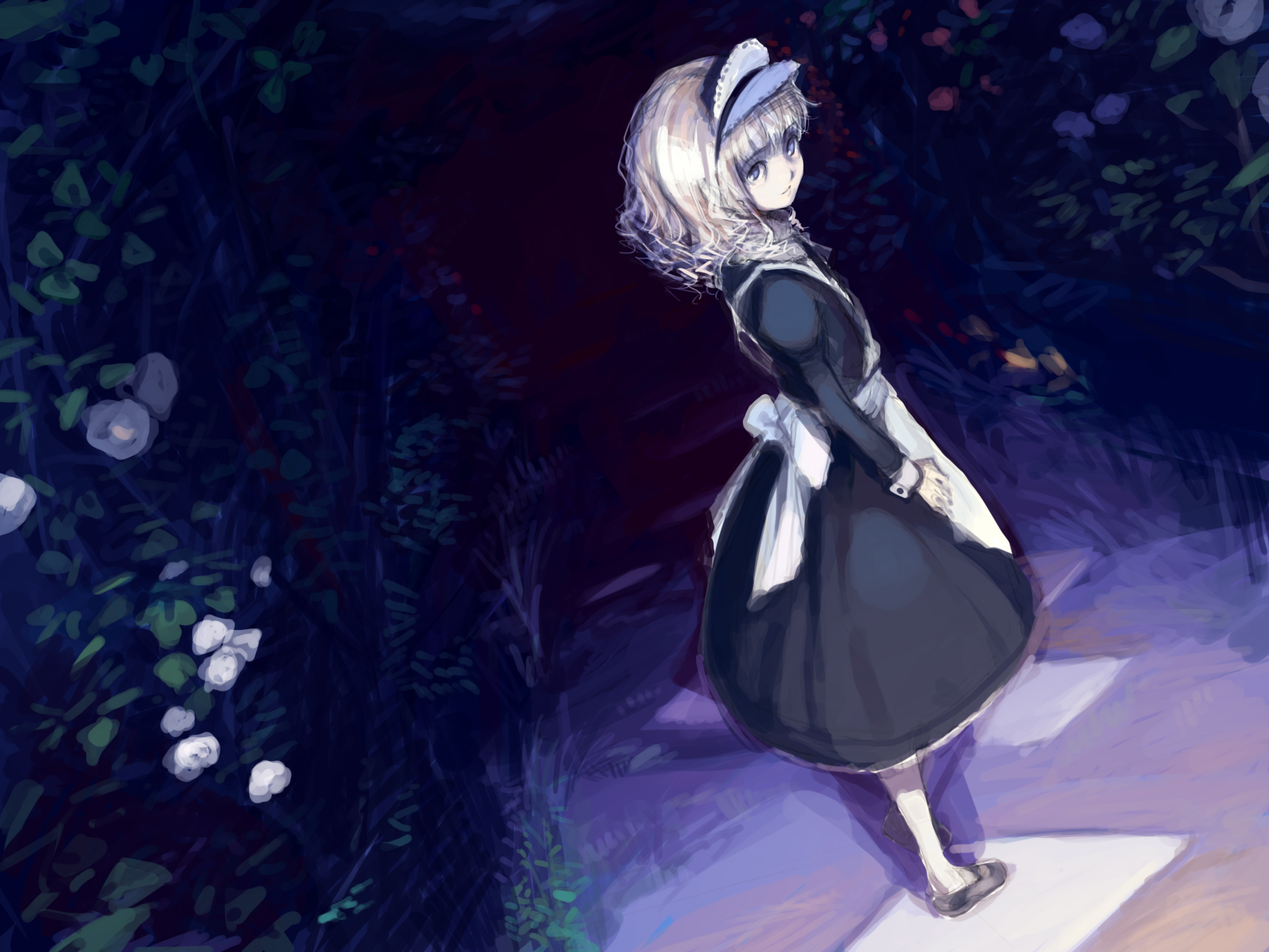 haimura kiyotaka, original, highres, 1girl, apron, blonde hair, blue eyes, bush, curly hair, dutch angle, female focus, flower, full body, long sleeves, looking at viewer, maid, maid apron, maid headdress, plant, short hair, sketch, smile, solo, stairs, standing, tiles
