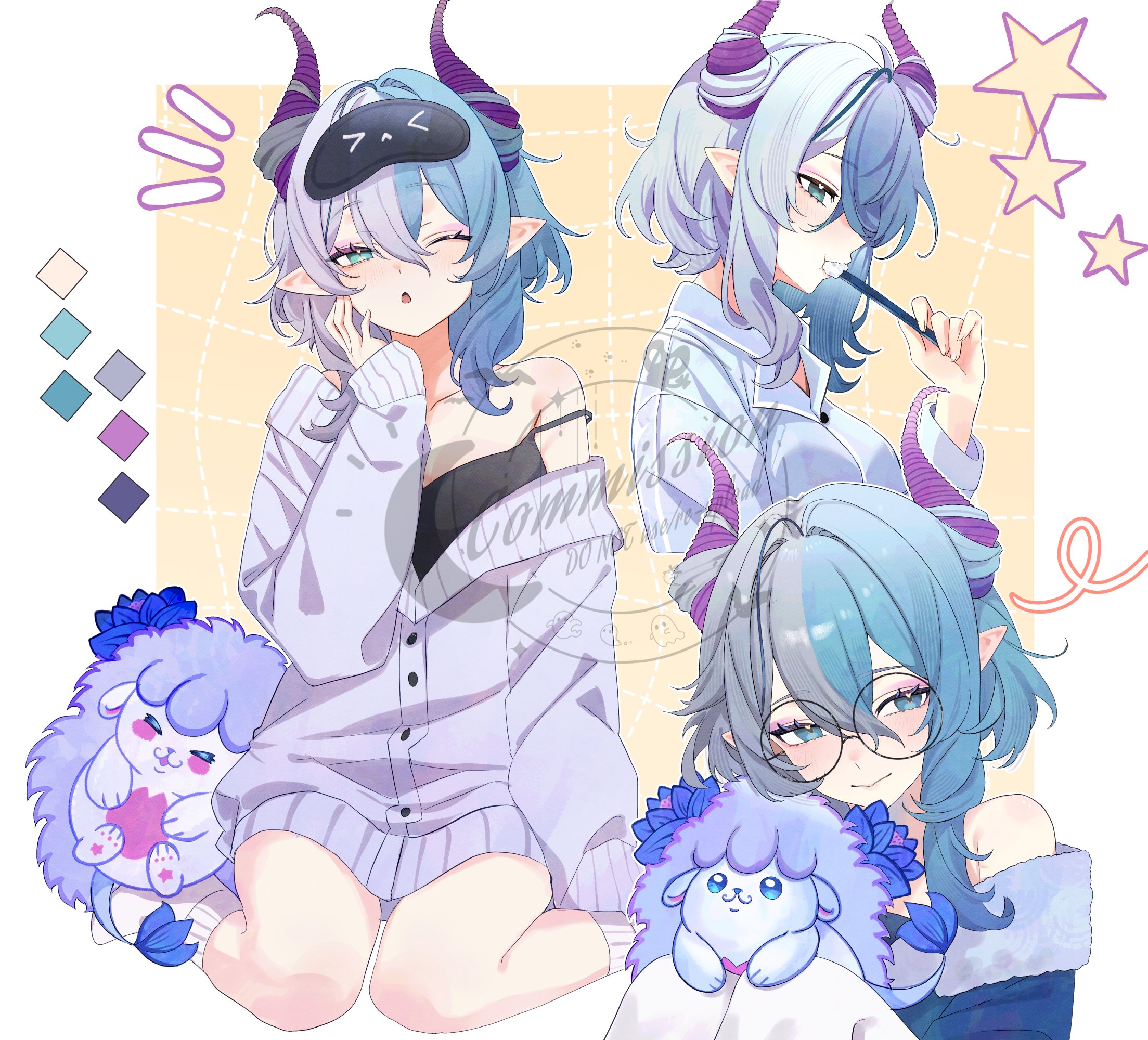 character request, commentary, commission, copyright request, english commentary, highres, vgen commission, 1girl, :>, blue eyes, blue hair, breasts, brushing teeth, buttons, cardigan, closed mouth, creature, double-parted bangs, eye mask, glasses, grey cardigan, grey hair, hair around horn, horns, long bangs, mavros 15rs, multicolored hair, multiple views, notice lines, parted lips, pointy ears, purple horns, sitting, sleepy, sleeves past wrists, socks, split-color hair, star (symbol), two-tone hair, virtual youtuber, wariza, watermark, white socks