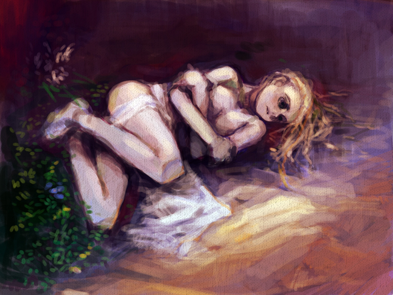 haimura kiyotaka, 1girl, ass, barefoot, blonde hair, breasts, cleavage, covering breasts, covering privates, female focus, fetal position, full body, long hair, looking at viewer, nude, panties, panty pull, shaded face, solo, toes, underwear, white panties