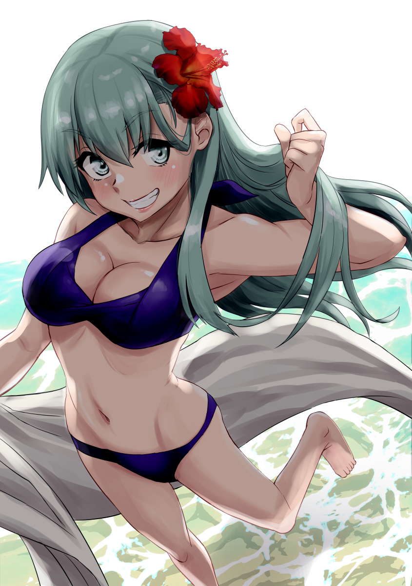 nekotarou (nktr299), suzuya (kancolle), suzuya kai ni (kancolle), suzuya kai ni (swimsuit) (kancolle), kantai collection, highres, 1girl, aqua eyes, aqua hair, bikini, blush, breasts, cleavage, collarbone, day, flower, hair between eyes, hair flower, hair ornament, large breasts, long hair, looking at viewer, navel, ocean, outdoors, purple bikini, sarong, smile, solo, swimsuit, water