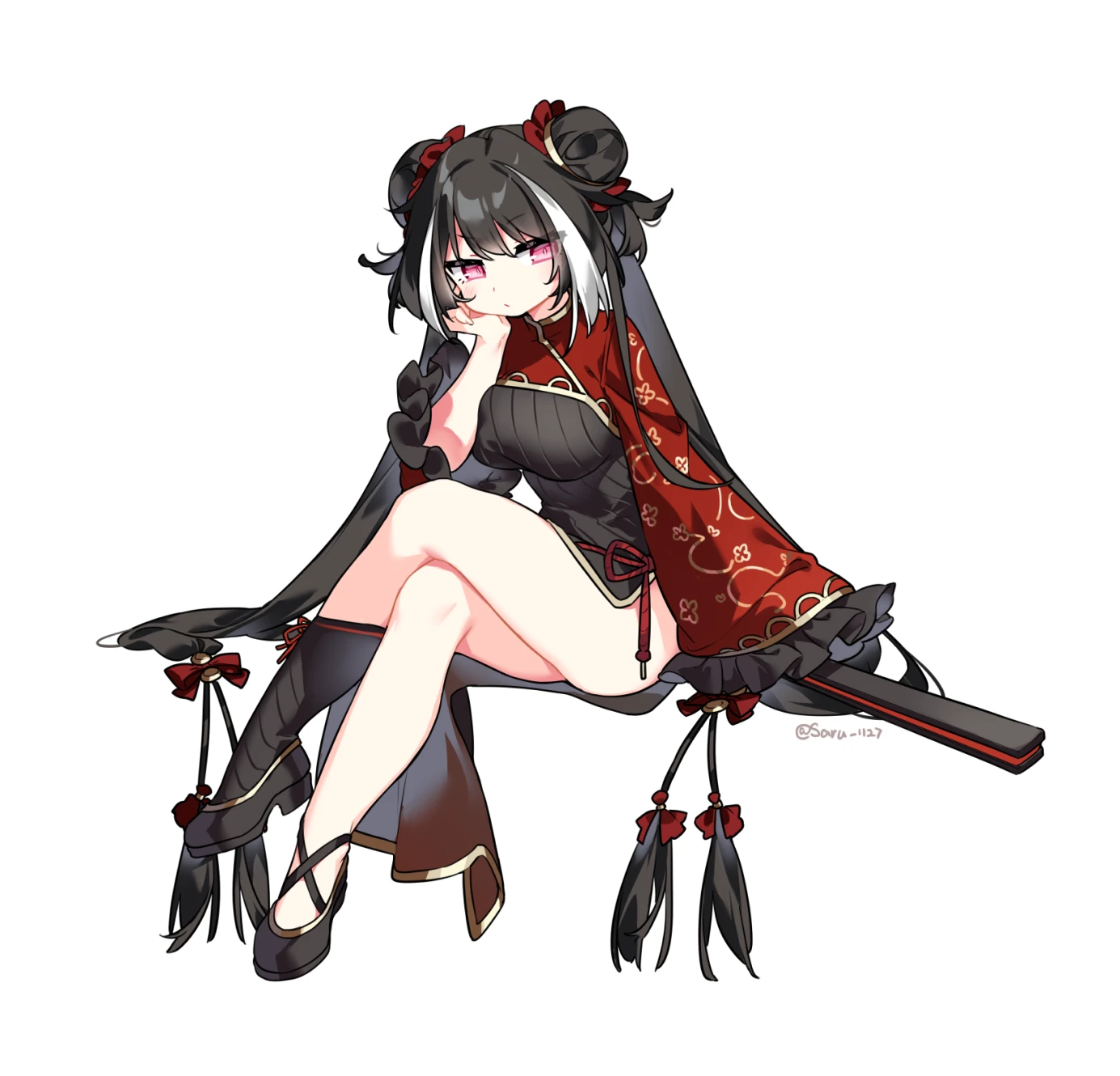 saru, jia xichun (project moon), limbus company, project moon, highres, 1girl, black dress, black hair, black shoes, breasts, chinese clothes, double bun, dress, hair bun, hand fan, holding, holding fan, long hair, long sleeves, looking at viewer, multicolored hair, pink eyes, red sleeves, rope belt, shoes, simple background, solo, streaked hair, twintails, twitter username, white background