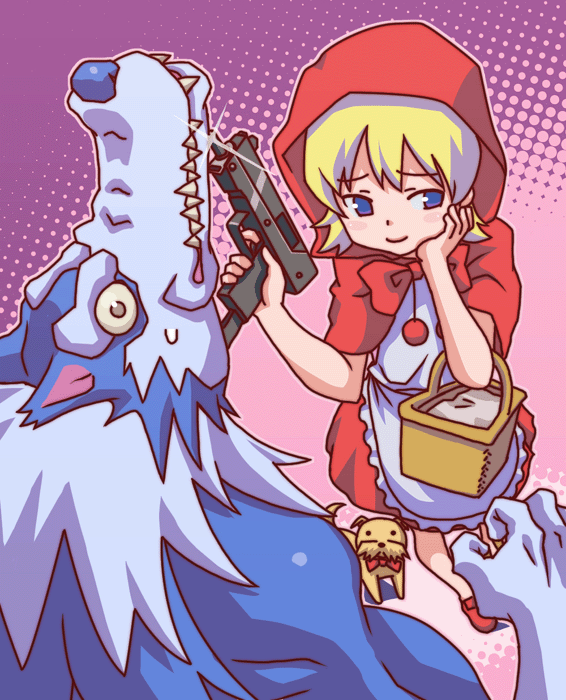 hashi, b.b. hood, jon talbain, capcom, darkstalkers, 1boy, 1girl, apron, basket, blonde hair, blue eyes, blush, bow, dog, dress, furry, furry male, gun, hood, purple background, red dress, weapon, werewolf, wolf